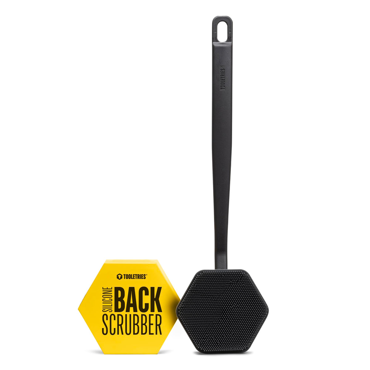 TOOLETRIES silicone back scrubber original design for thorough back cleansing.