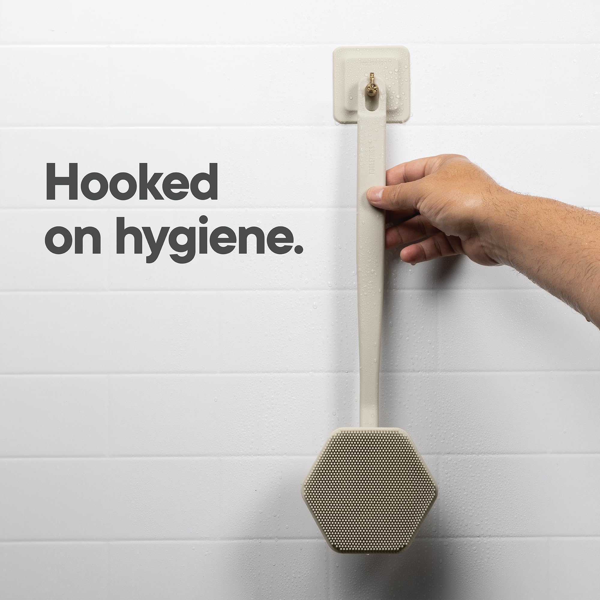 TOOLETRIES silicone back scrubber store hook keeps scrubber reachable