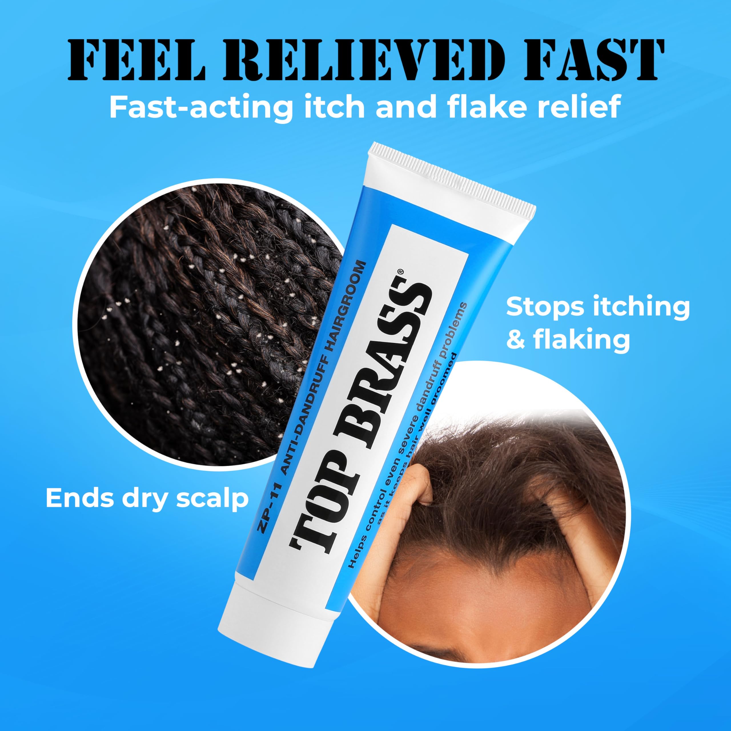 Top Brass anti-dandruff hair cream 3-3oz container for home or travel.