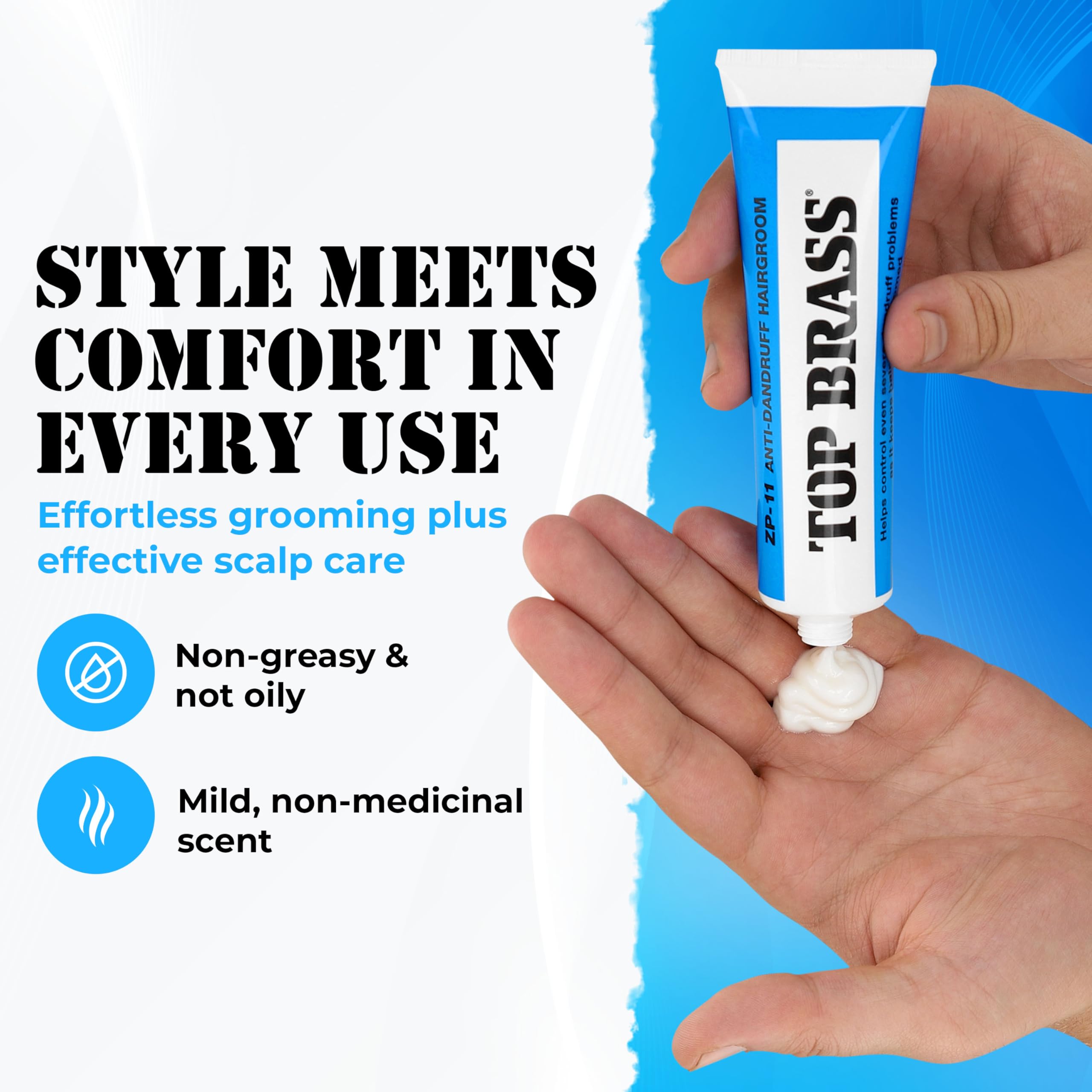 Top Brass hair cream texture non-greasy for quick absorption and finish.