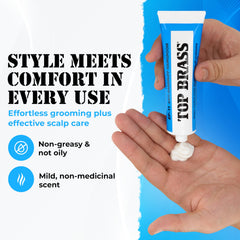 Top Brass hair cream texture non-greasy for quick absorption and finish.