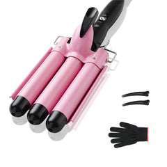 TOP4EVER 3-barrel curling iron pink hair creates lasting waves for daily style