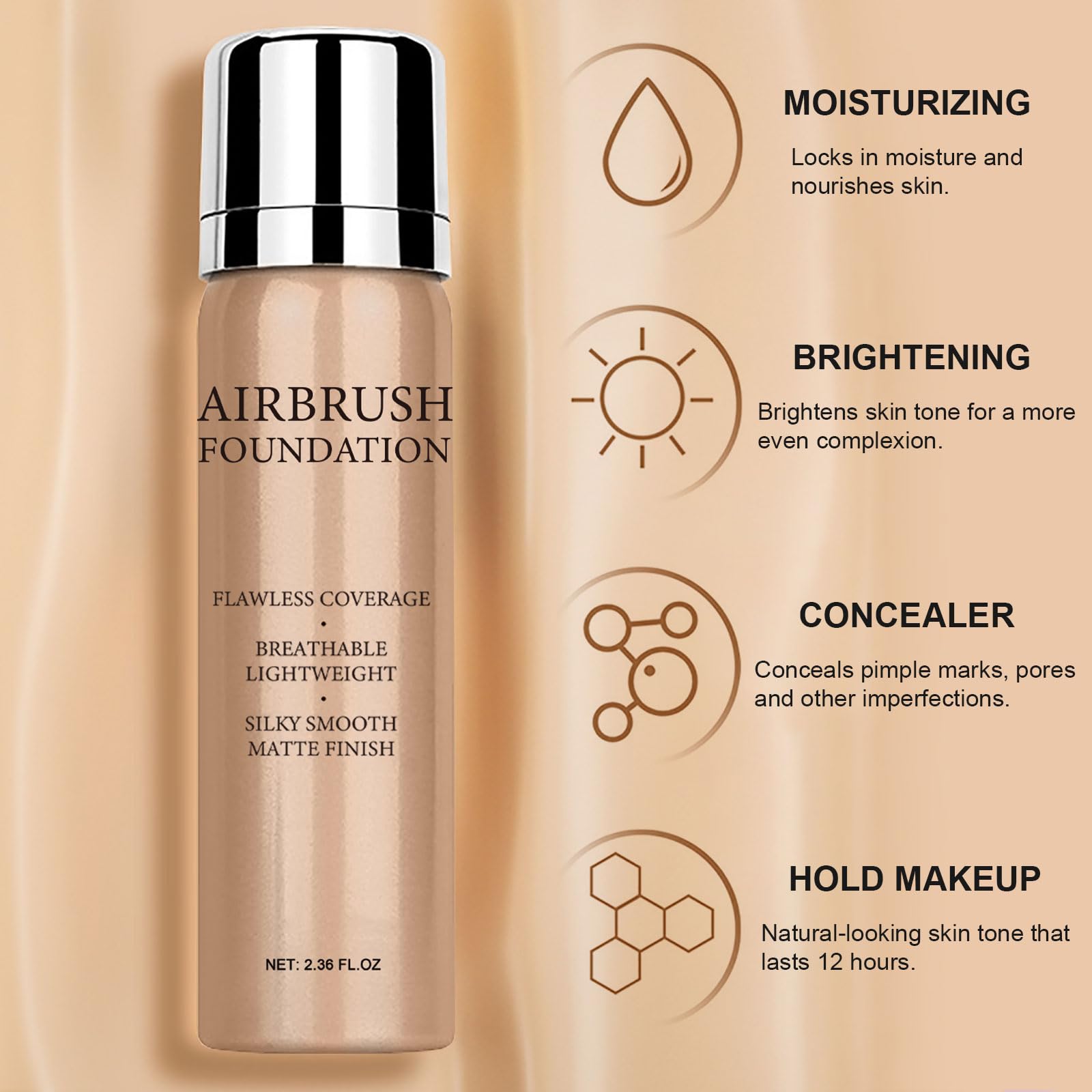 Topcent packaging shows a complete makeup set with spray, brush, and puff for easy application.
