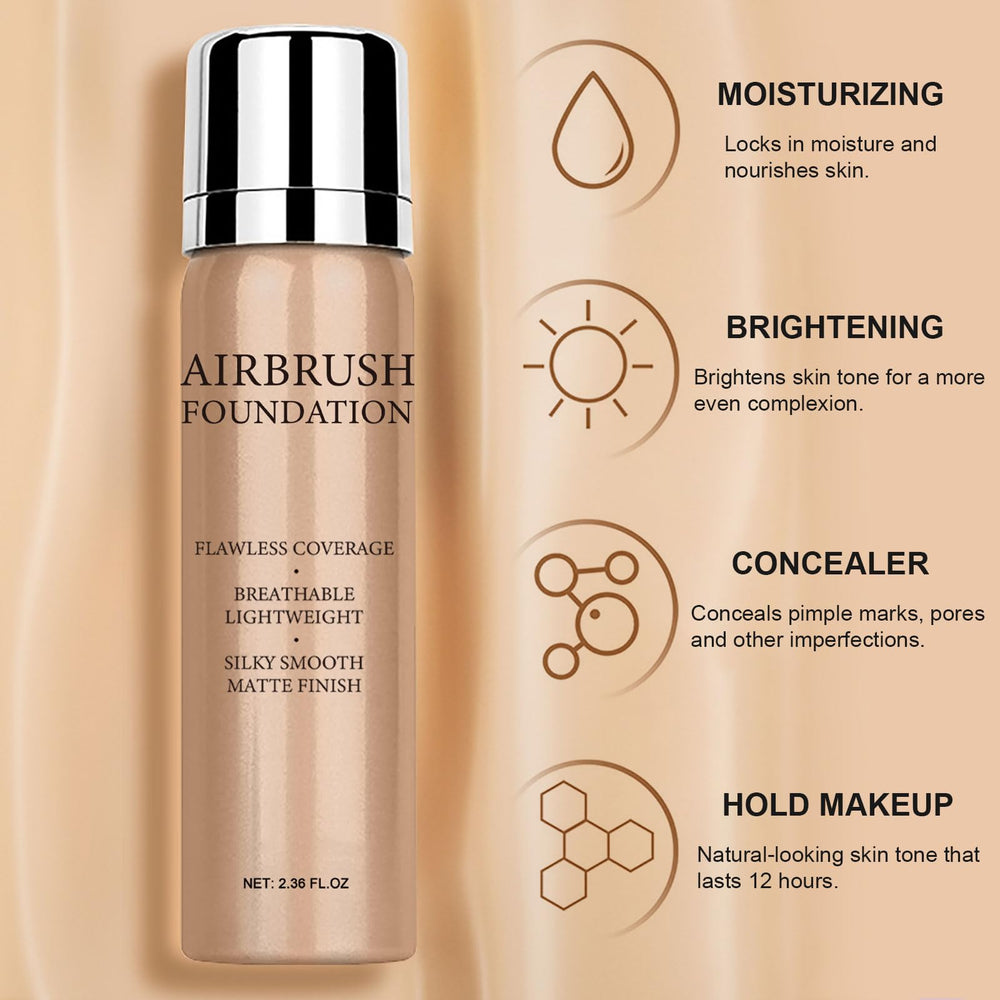 Topcent packaging shows a complete makeup set with spray, brush, and puff for easy application.