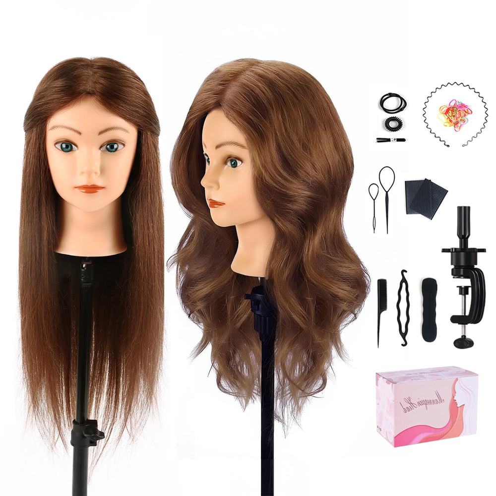 TopDirect mannequin head features 18-inch dark brown real hair for realistic styling practice.