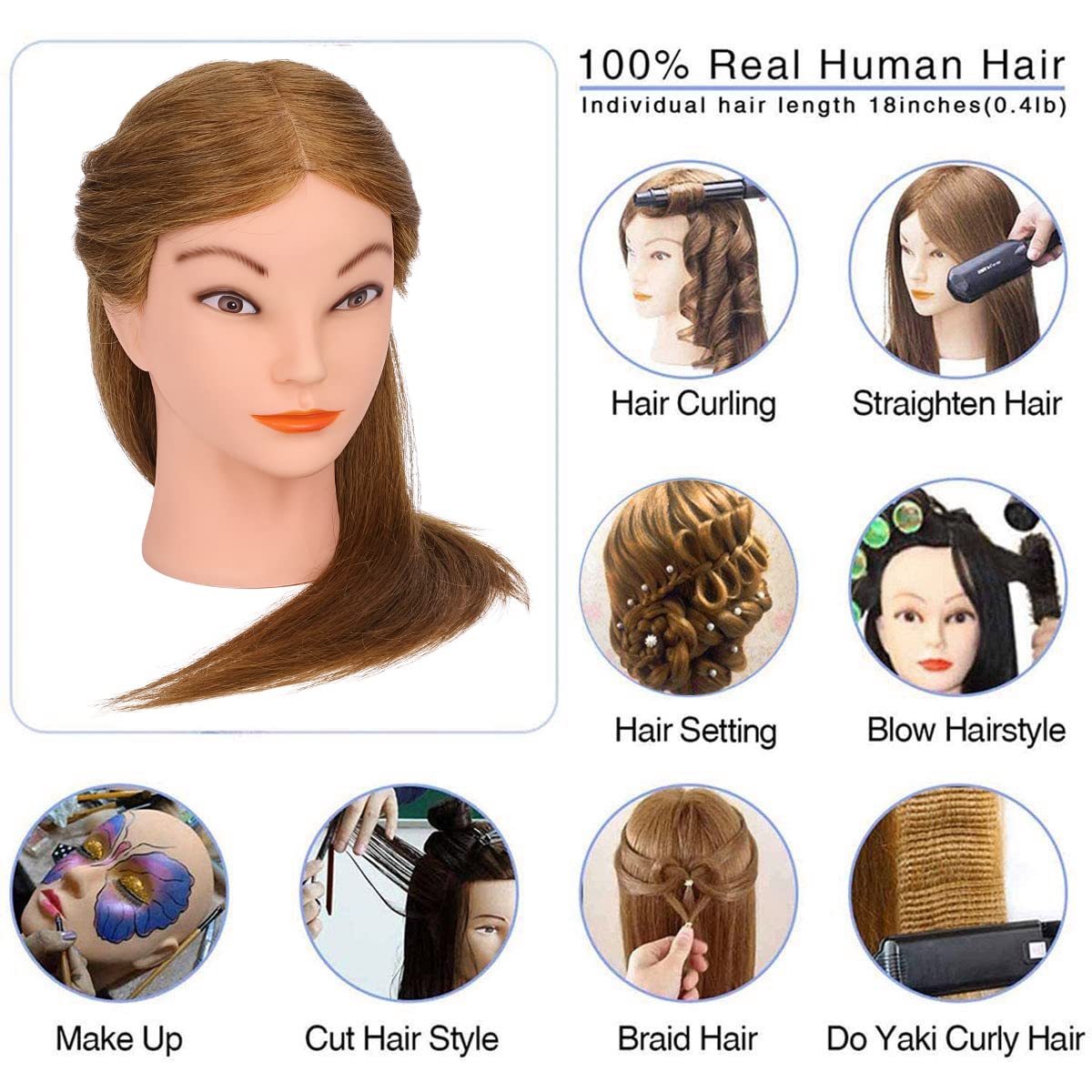 TopDirect 18in real hair mannequin head back view for full-length styling drills