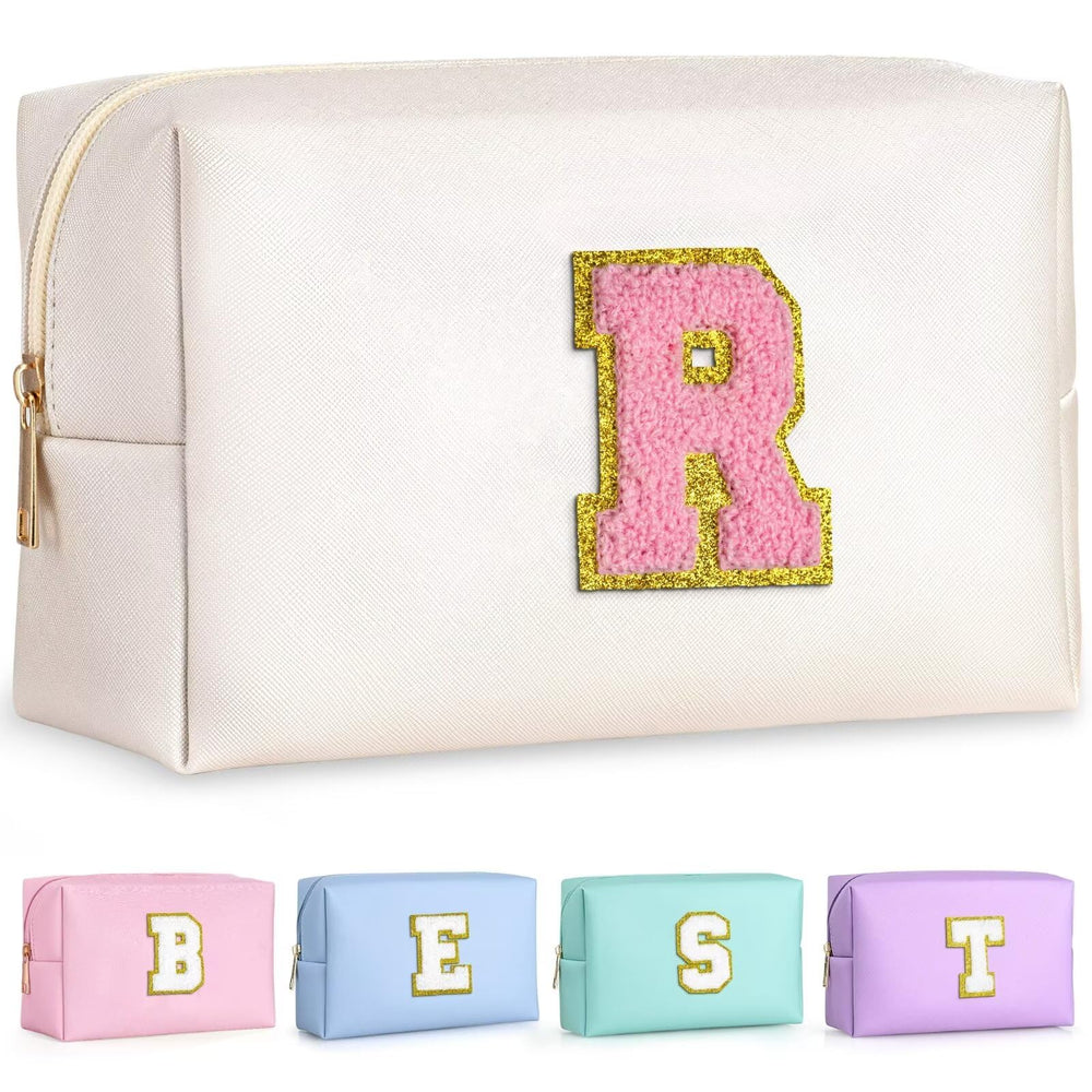 TOPEAST pearly white cosmetic travel bag with gold patch, ideal for travel organization.