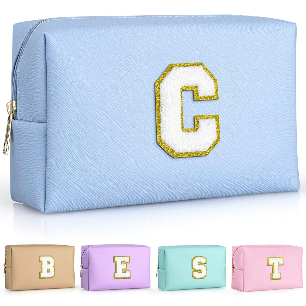 TOPEAST makeup bag with gold glitter chenille patch for a personalized touch.