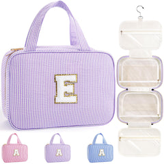 TOPEAST hanging toiletry bag front view with purple initial E for organized travel.