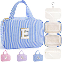 TOPEAST hanging toiletry bag in blue with initial E for travel organization