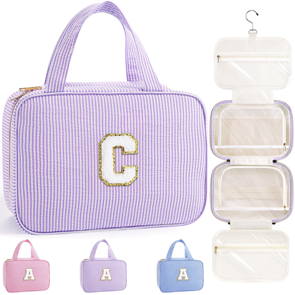 TOPEAST hanging toiletry bag in purple front view, compact for easy packing.
