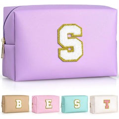 TOPEAST Initial Cosmetic Bag Purple S front view with monogram patch for personalized style