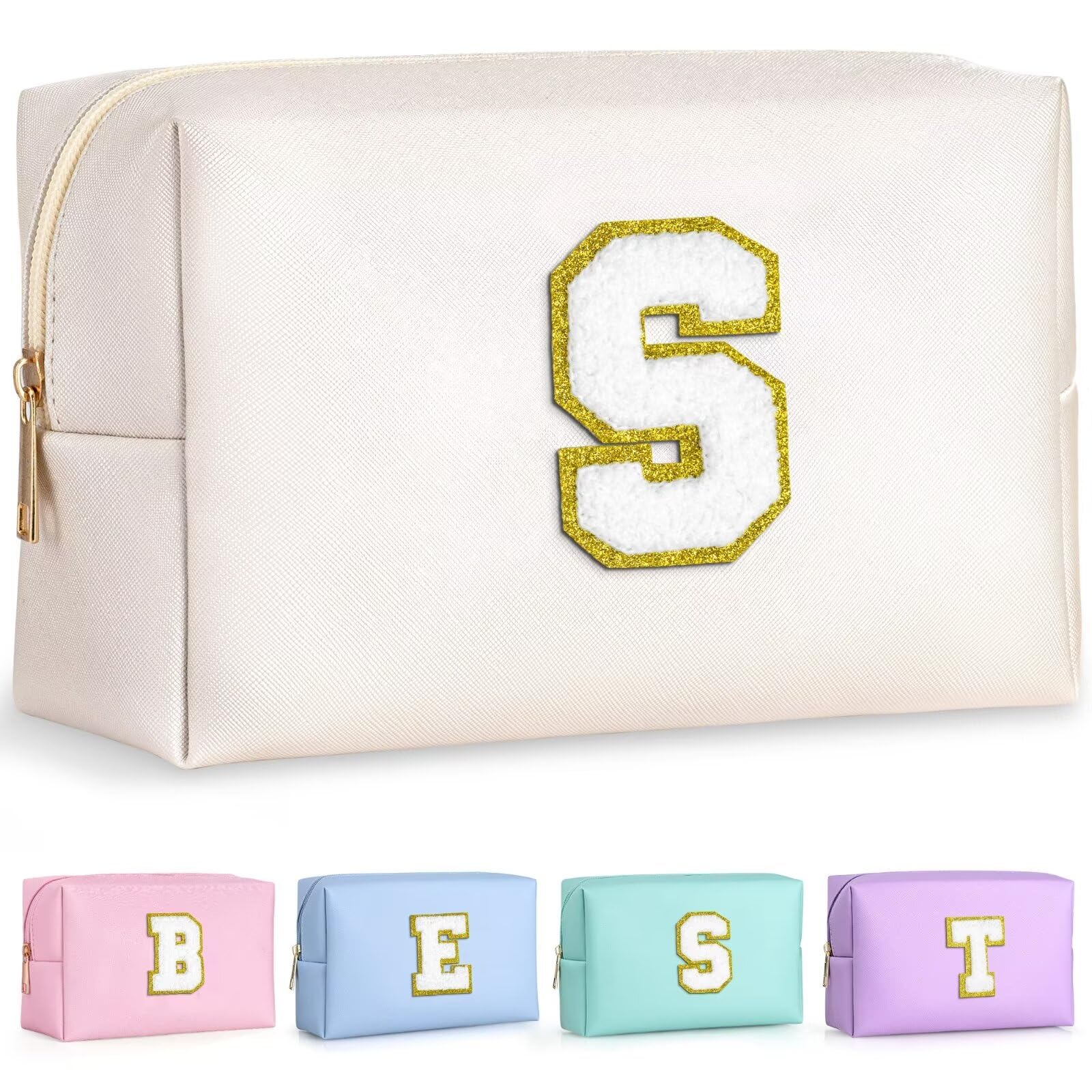 TOPEAST initial cosmetic bag white front view, compact travel-ready storage for daily makeup and toiletries.