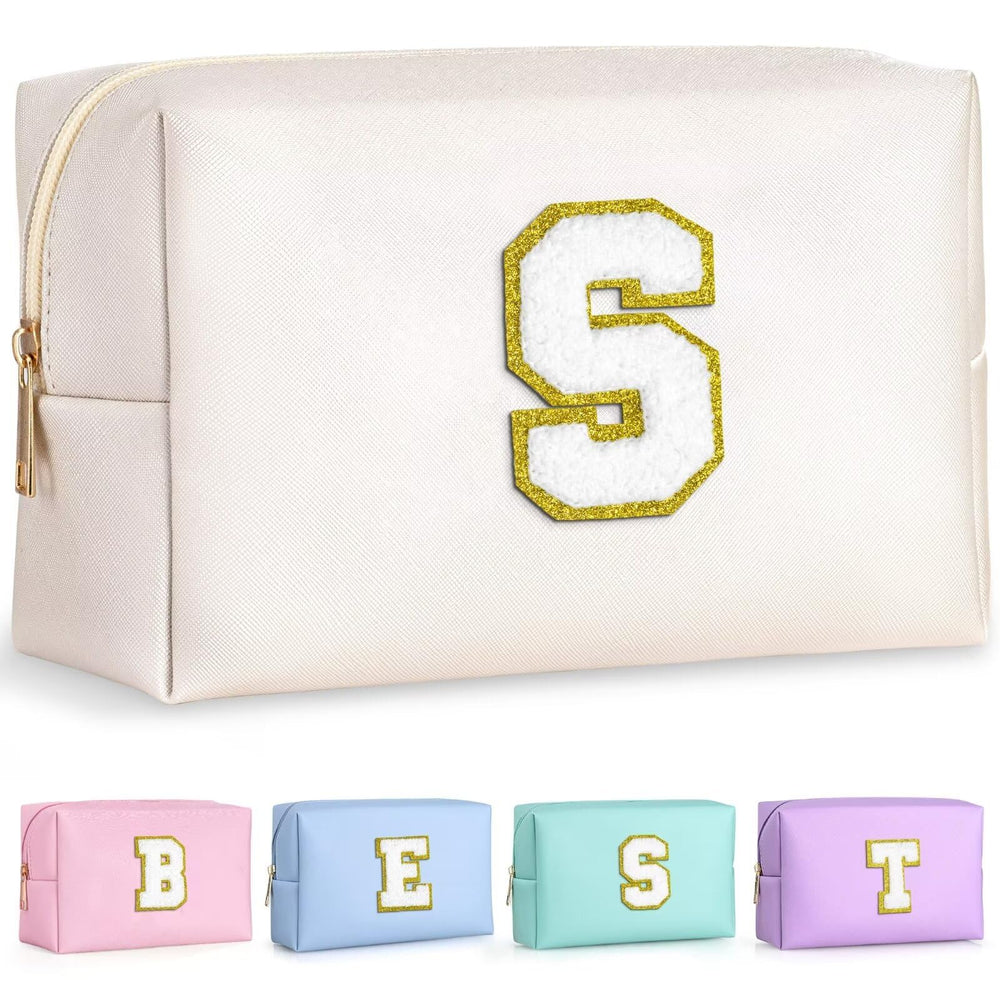 TOPEAST initial cosmetic bag white front view, compact travel-ready storage for daily makeup and toiletries.