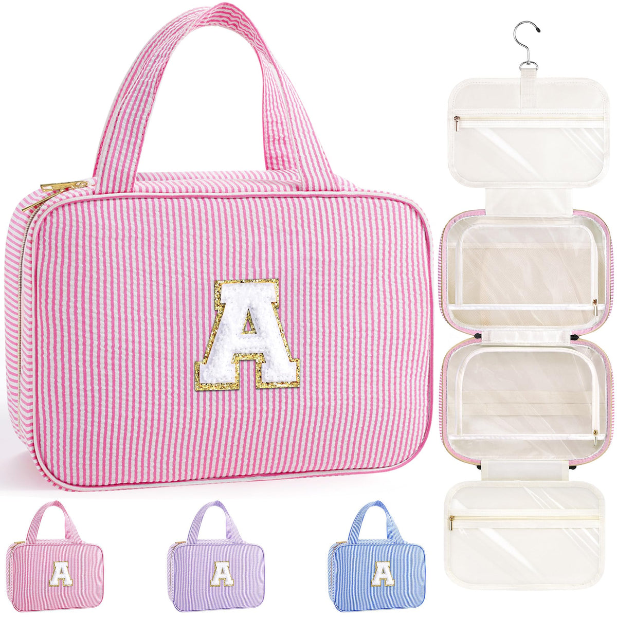 TOPEAST initial hanging toiletry bag pink: compact organization for travel essentials.