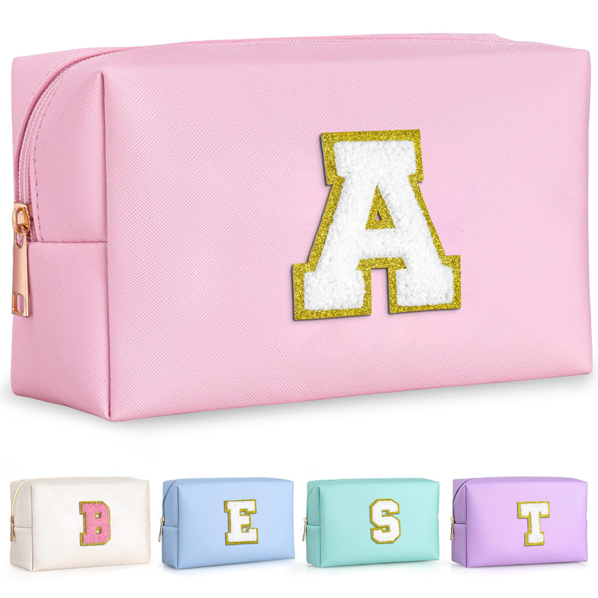 TOPEAST Initial Makeup Bag pink-a front view showing personalized initial for stylish gifting