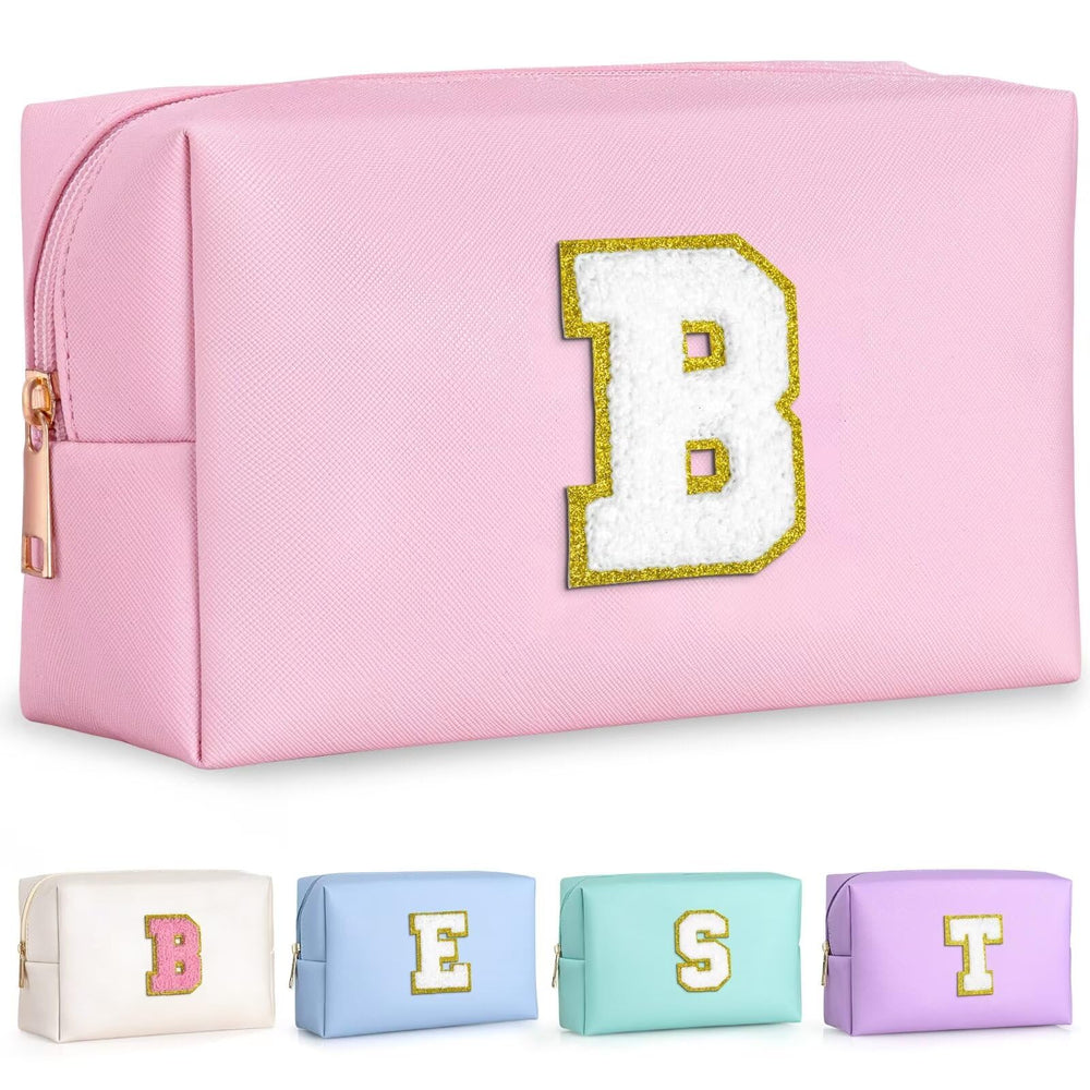 TOPEAST initial makeup bag pink B front view for organized cosmetics on the go.