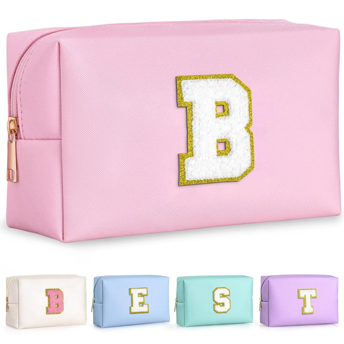 TOPEAST initial makeup bag pink B front view for organized cosmetics on the go.