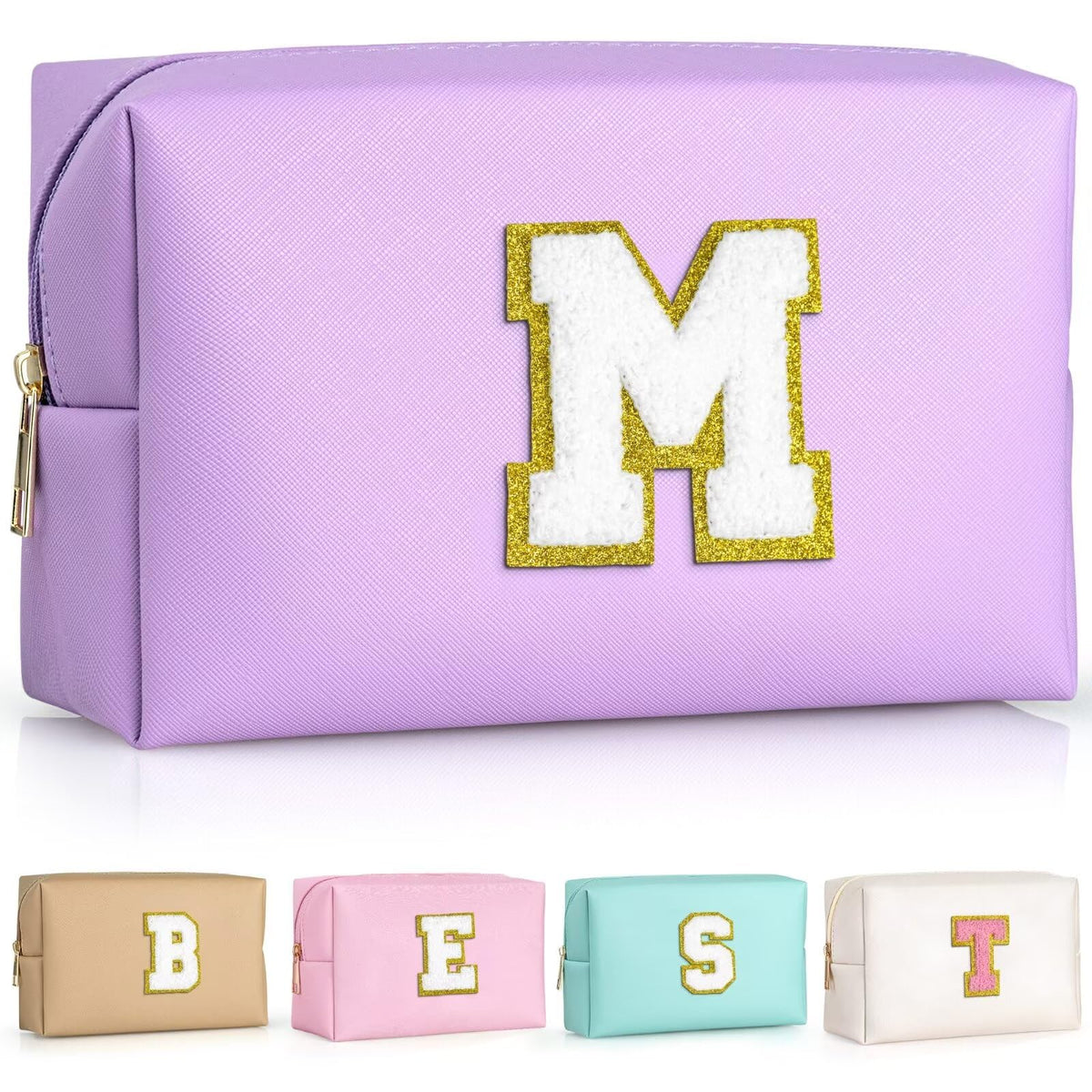 TOPEAST monogrammed makeup bag purple M patch close-up shows personalized style for gifting.