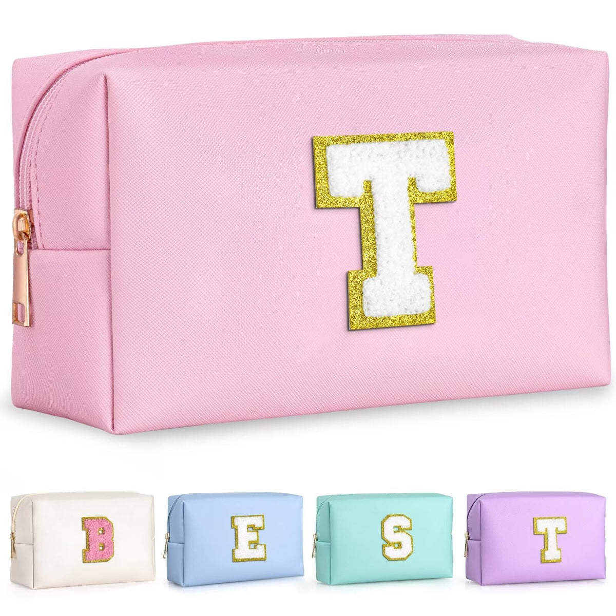 TOPEAST pink initial makeup bag with patch, ideal for dorm room organization and personalized style.