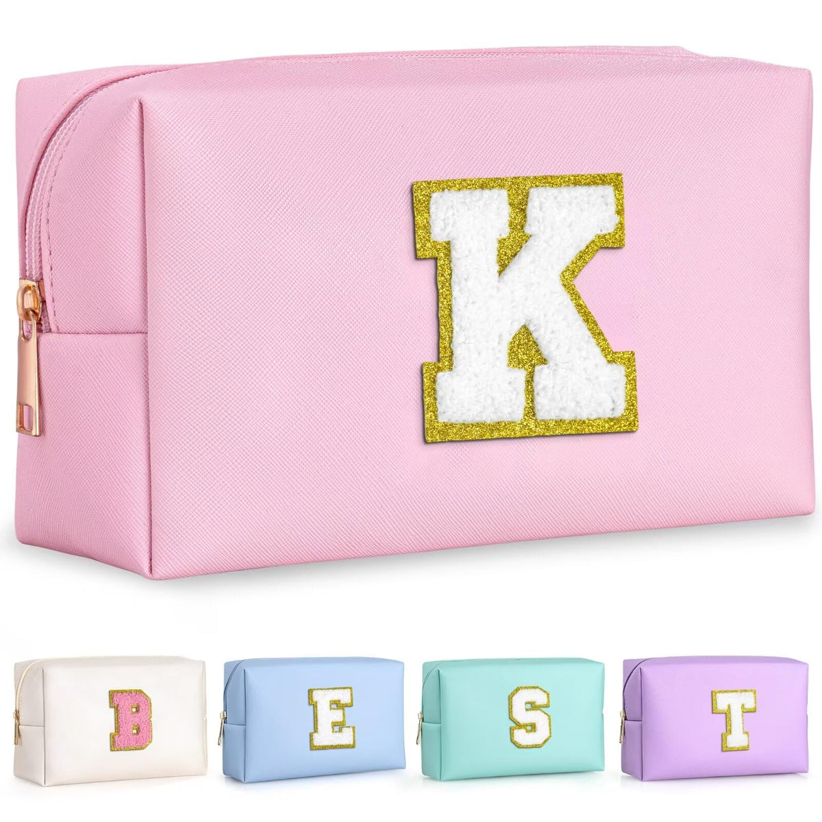 TOPEAST Pink K travel makeup bag front view for easy cosmetics organization