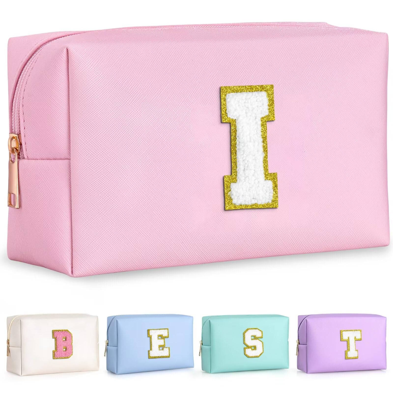 TOPEAST Preppy makeup bag pink front view shows compact size for daily cosmetics.
