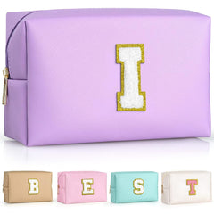 TOPEAST Preppy makeup bag front view with gold glitter patch for personalized style and portability.
