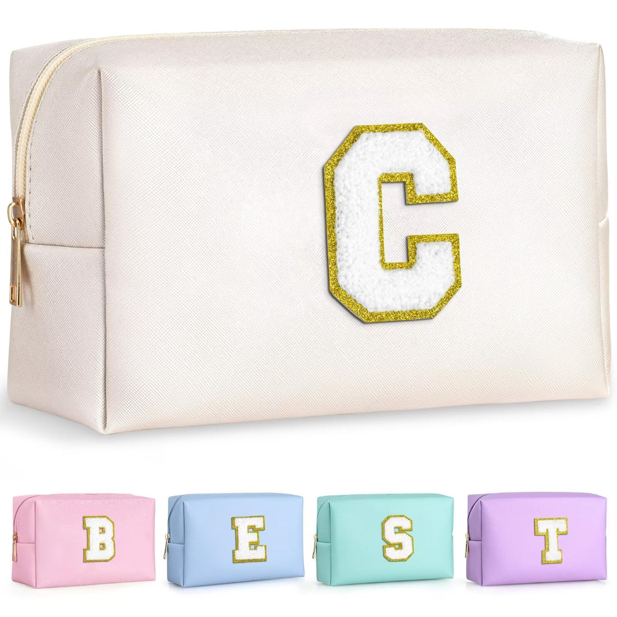 TOPEAST preppy makeup bag with gold chenille patch for personalized style