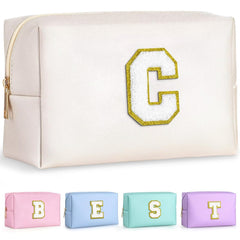 TOPEAST preppy makeup bag with gold chenille patch for personalized style