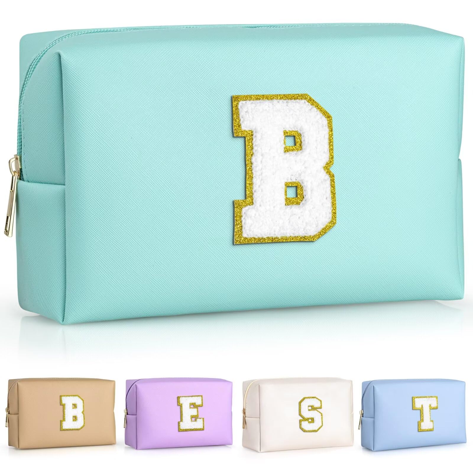 TOPEAST Preppy Patch makeup bag close-up showing gold chenille patch for personalized style