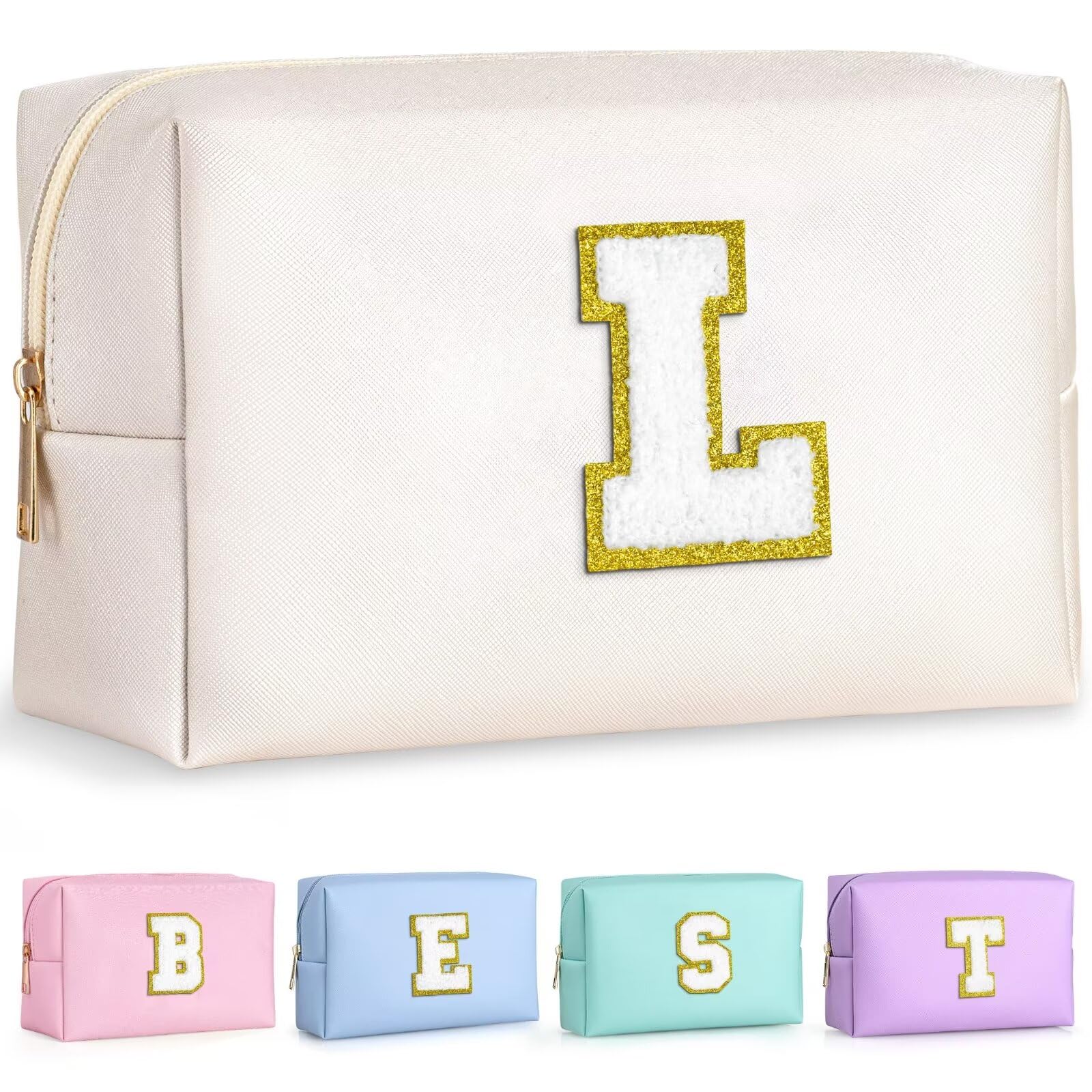 TOPEAST preppy patch makeup bag closeup shows personalized chenille initials for a stylish touch.