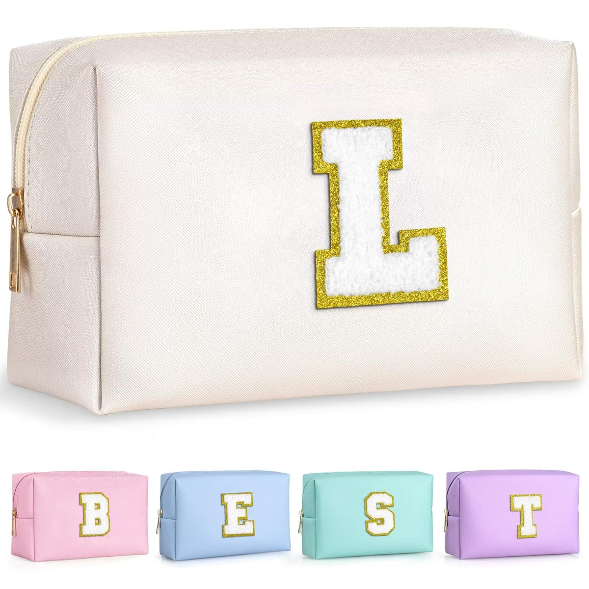 TOPEAST preppy patch makeup bag closeup shows personalized chenille initials for a stylish touch.