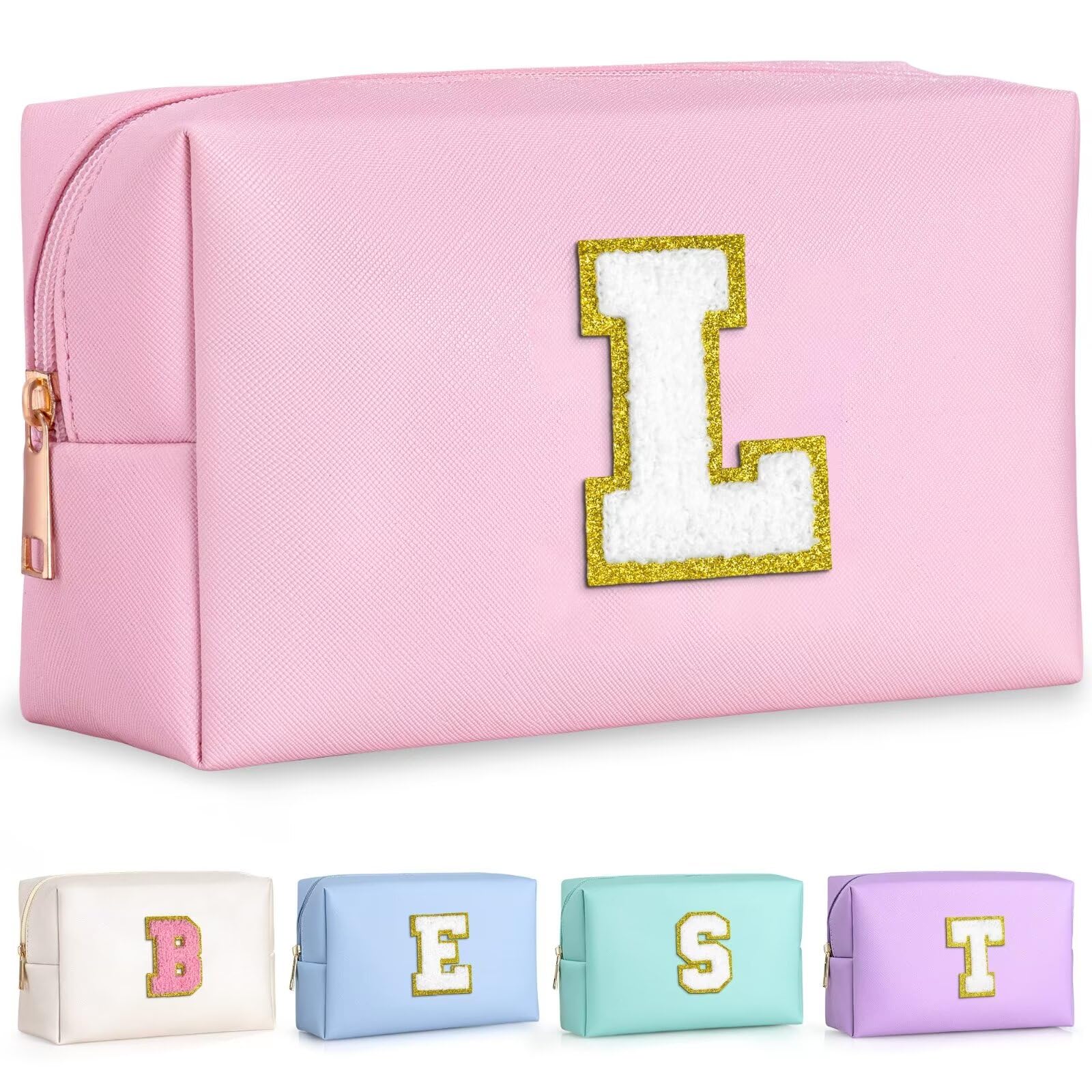 TOPEAST travel makeup bag with pink glitter chenille patch, portable on the go