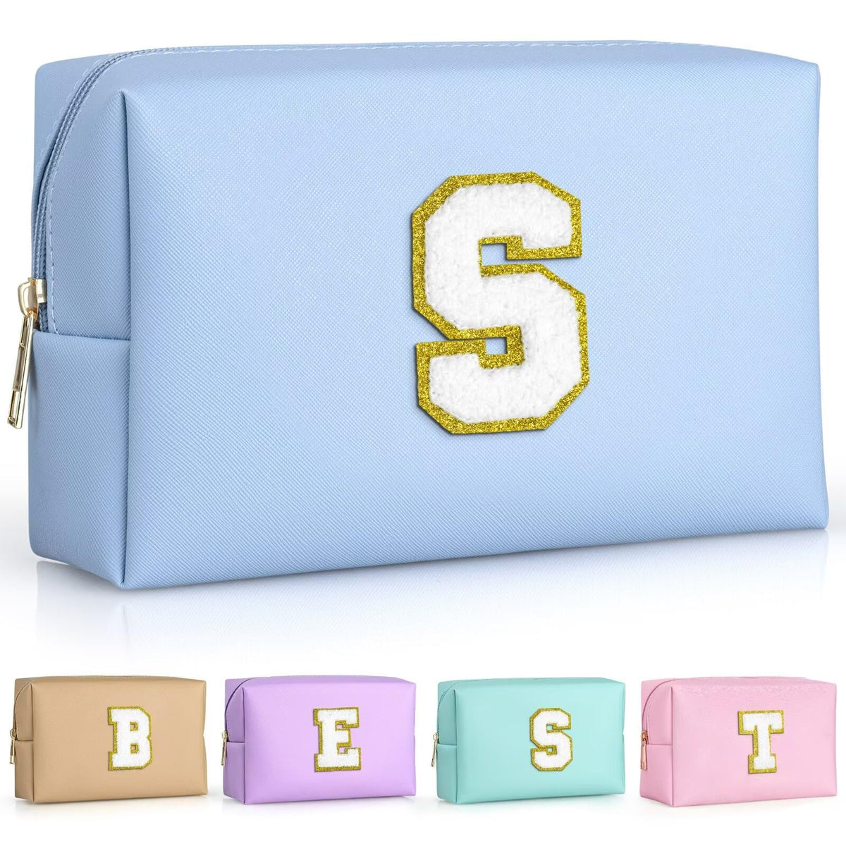 TOPEAST Sky Blue makeup bag front view with personalization patch for stylish everyday use