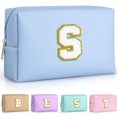 TOPEAST Sky Blue makeup bag front view with personalization patch for stylish everyday use