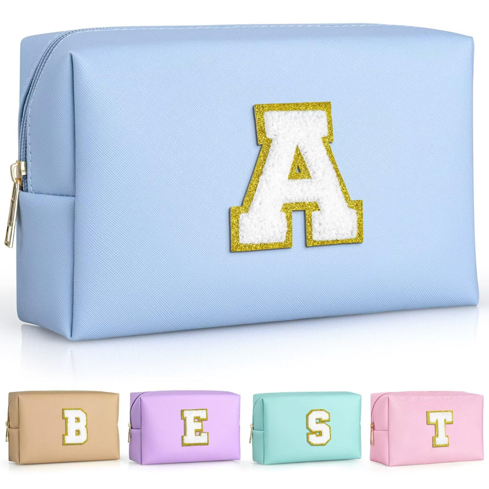 TOPEAST sky blue personalized initial patch makeup pouch with monogram for a thoughtful gift.