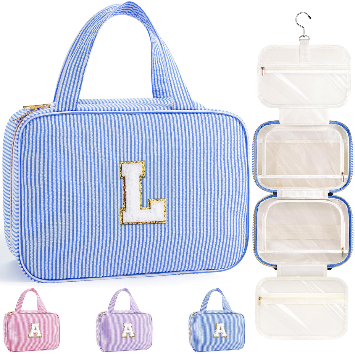 TOPEAST travel hanging toiletry bag blue L with hook keeps cosmetics organized on trips
