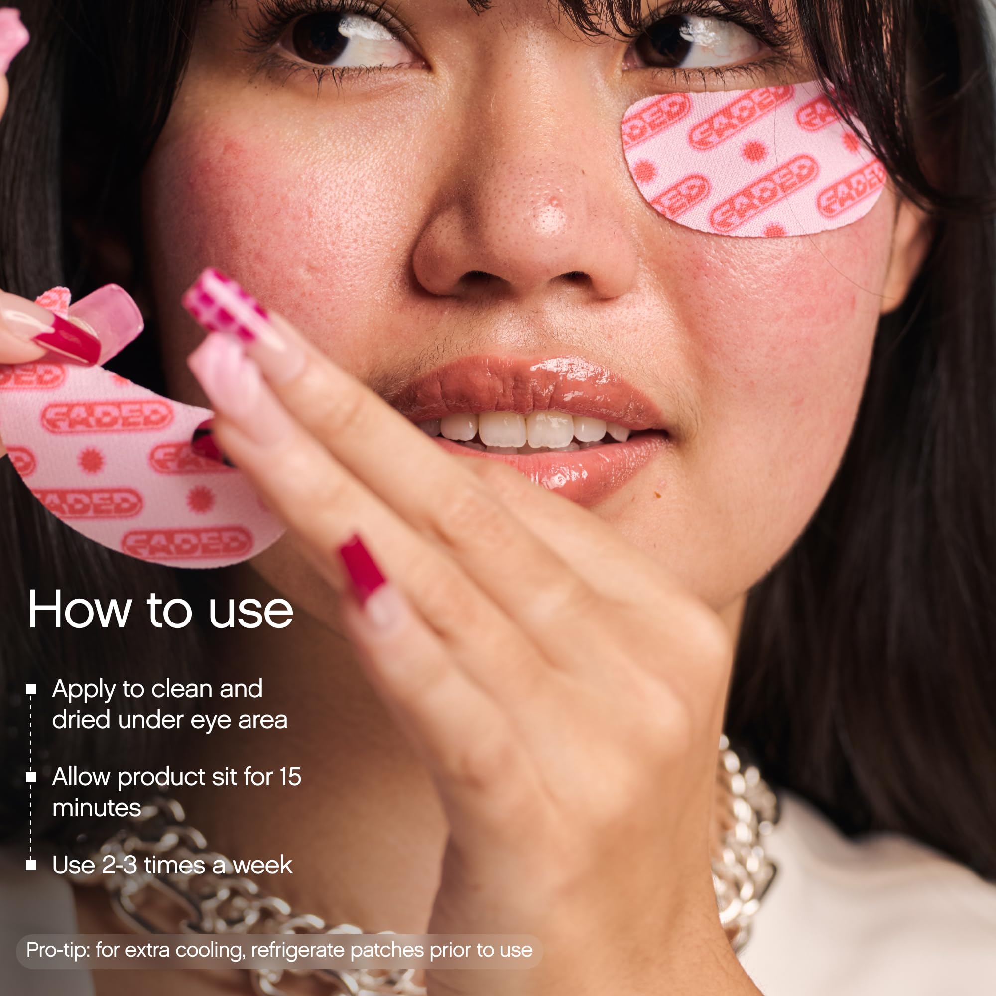 Topicals Faded under-eye-mask closeup-patches shown on skin.