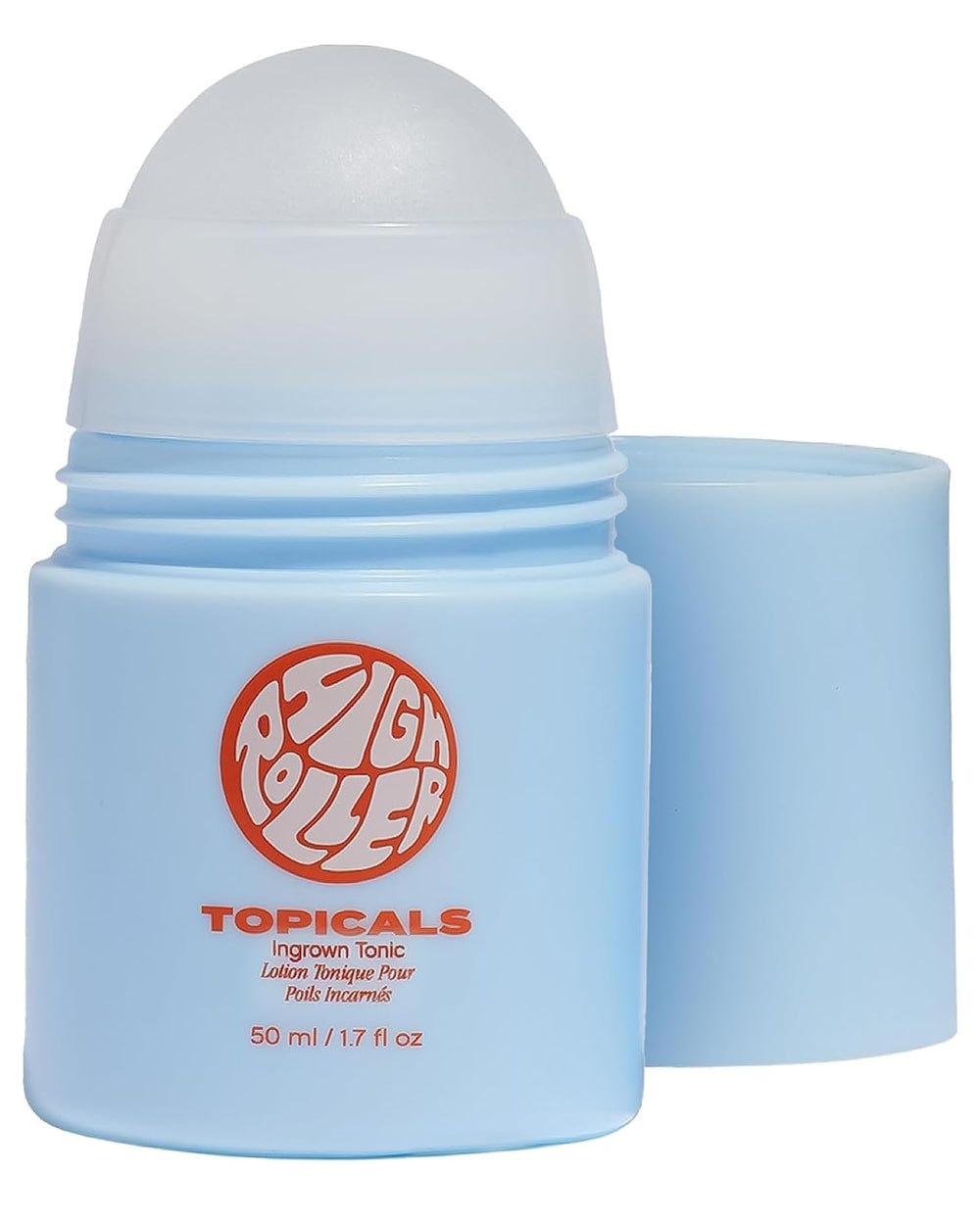 Topicals High Roller roll-on bottle soothes irritated skin after shaving.