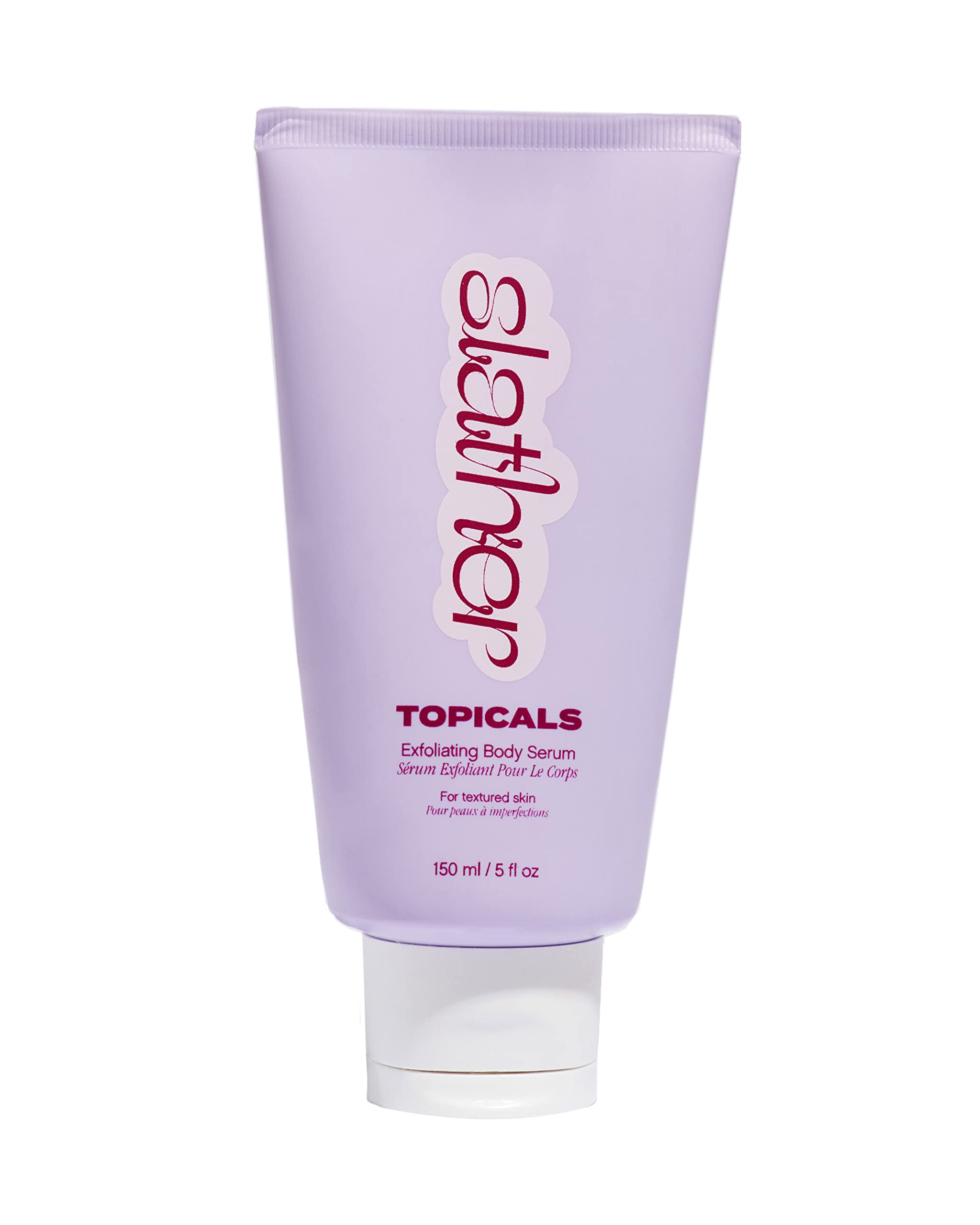 Topicals Slather exfoliating body serum bottle close-up for smoother skin.