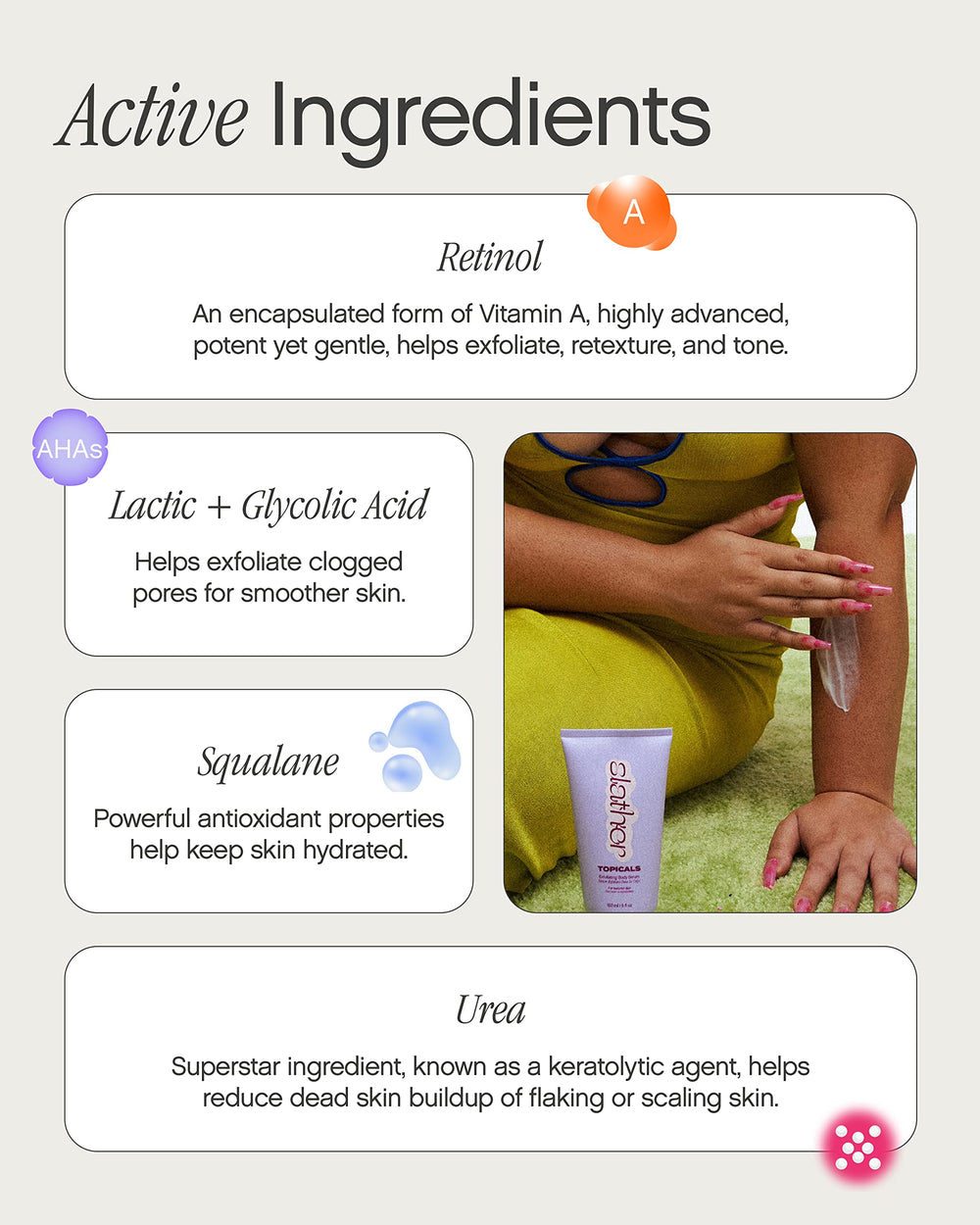 Topicals Slather bottle highlighting niacinamide and lactic acid benefits.