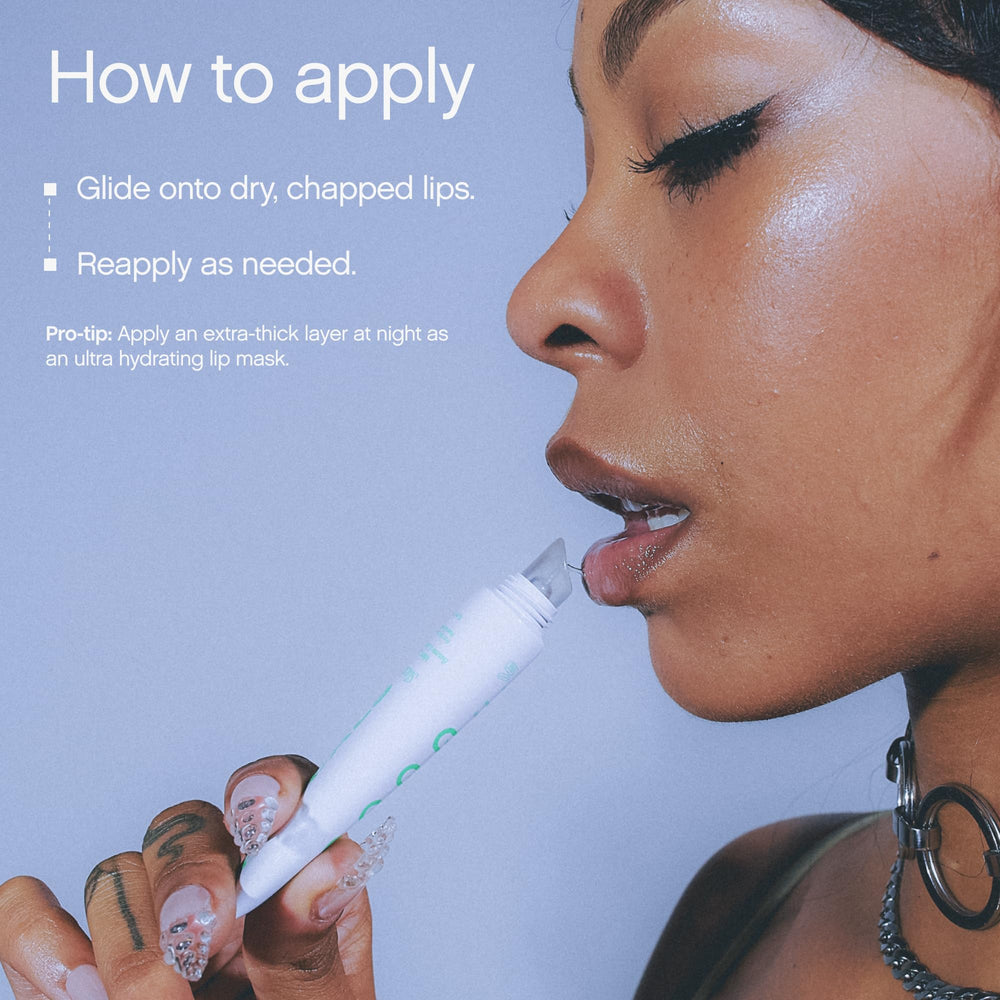 Topicals Slick Salve Mint Glossy Lip Balm ingredients panel featuring hyaluronic acid and ceramides.