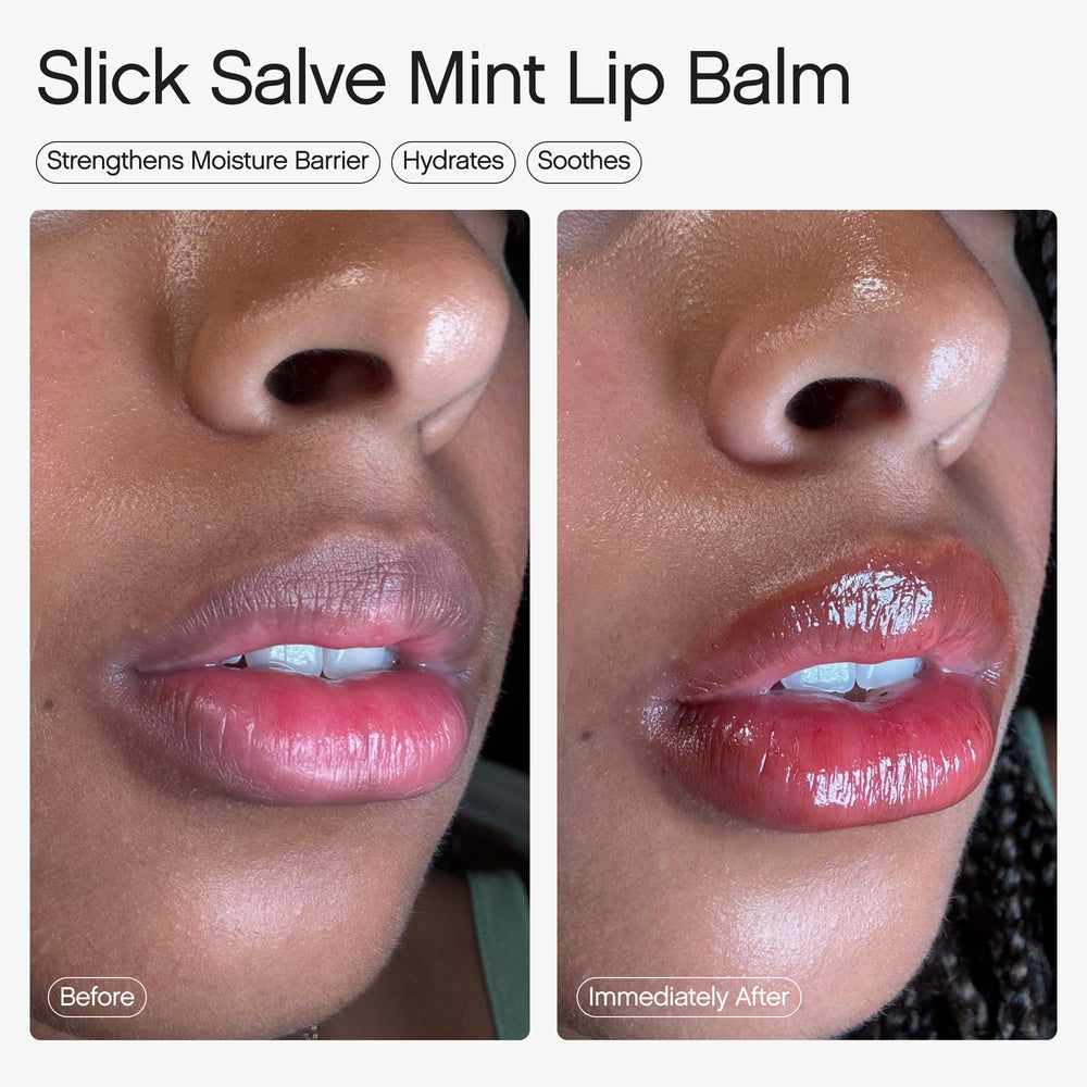 Topicals Slick Salve Mint Glossy Lip Balm visual emphasizes vegan and clean beauty claims.