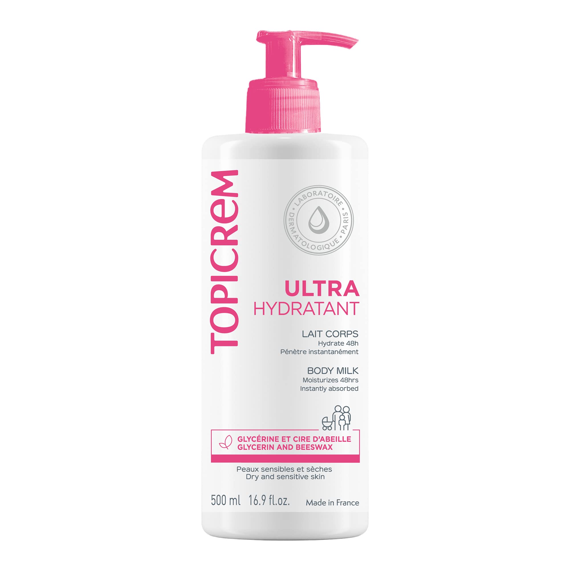 Topicrem Ultra-Moisturising Body Milk 500ml front view for daily hydration.