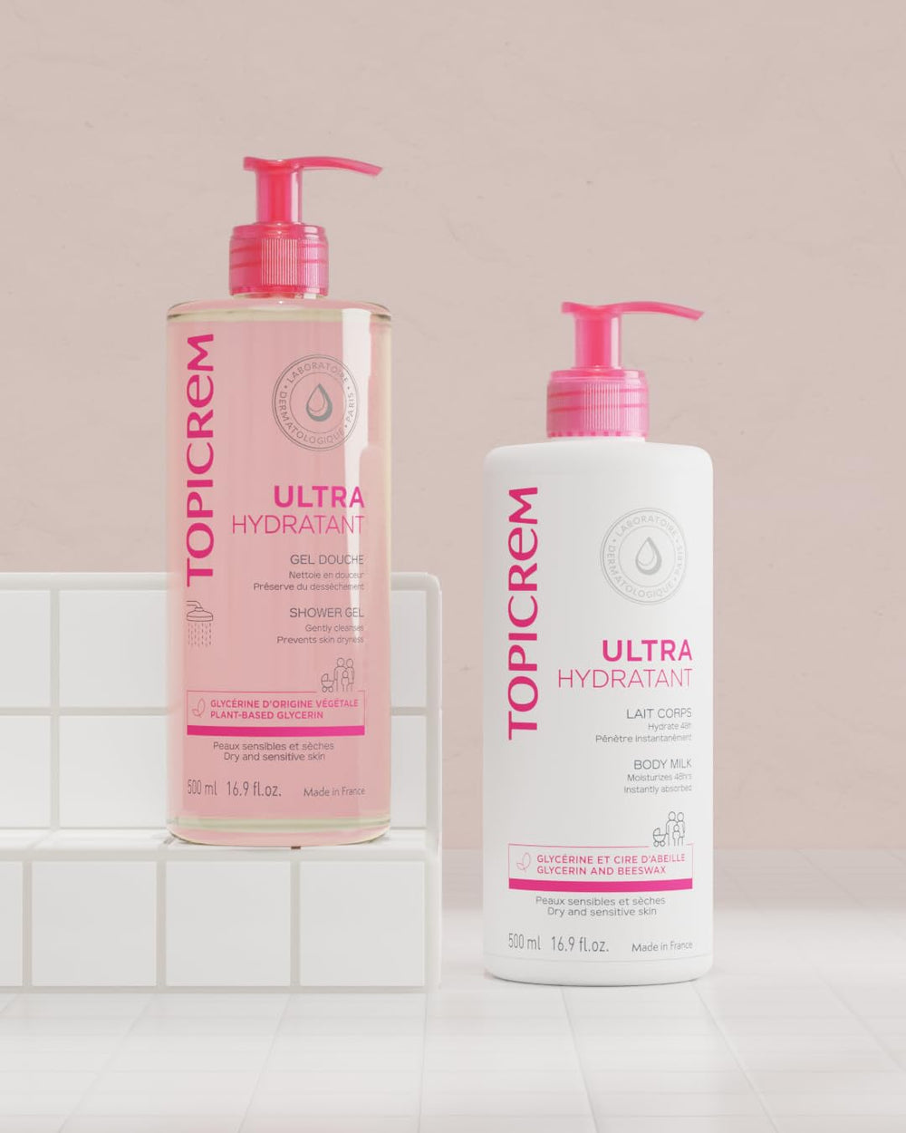 Topicrem Ultra-Moisturising Body Milk 500ml label emphasizes pediatric safety.