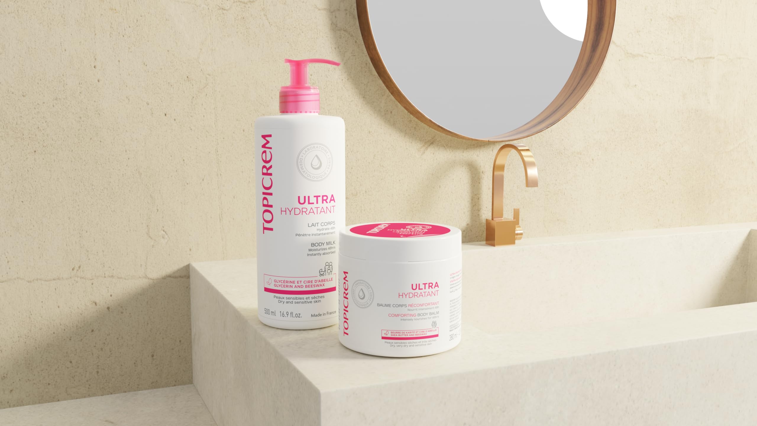 Topicrem Ultra-Moisturising Body Milk texture pour shot shows non-sticky formula.