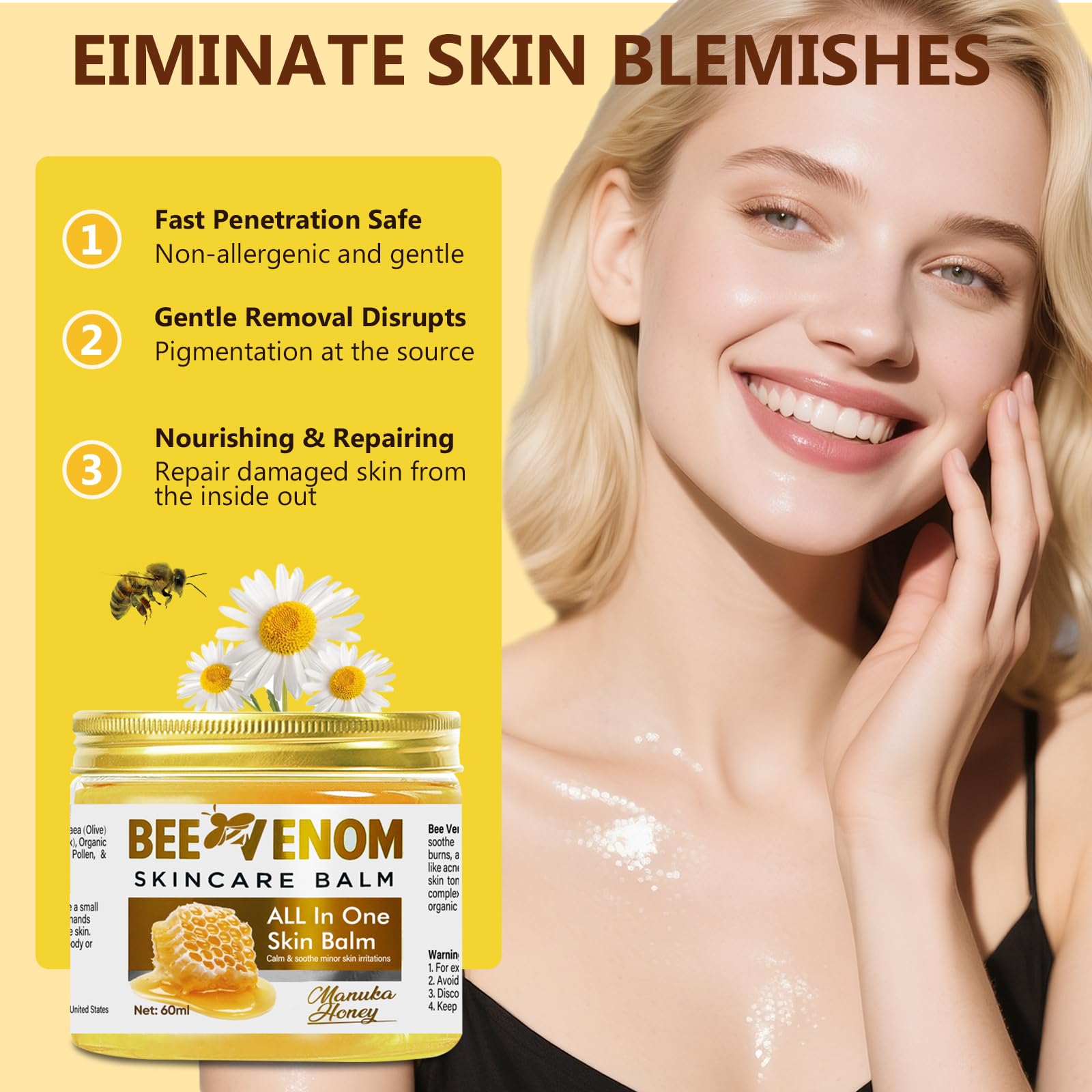 Topicy Bee Venom Cream bottle close-up shows clean ingredients.