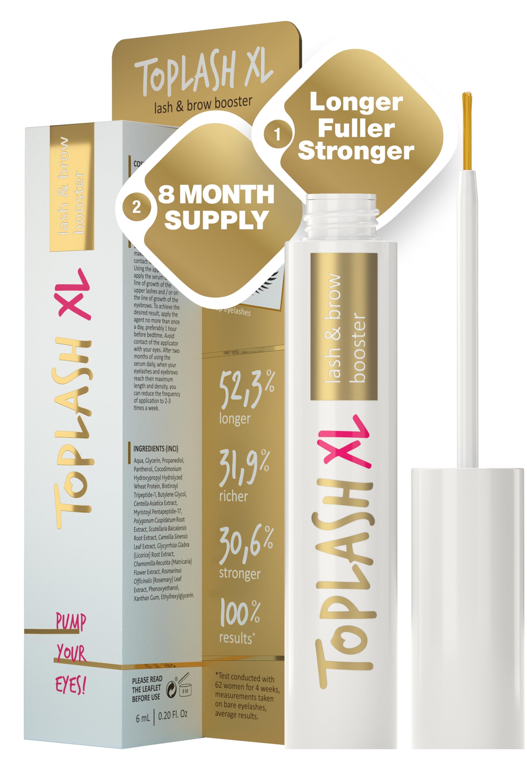 Toplash XL lash booster bottle close-up for fuller lashes.