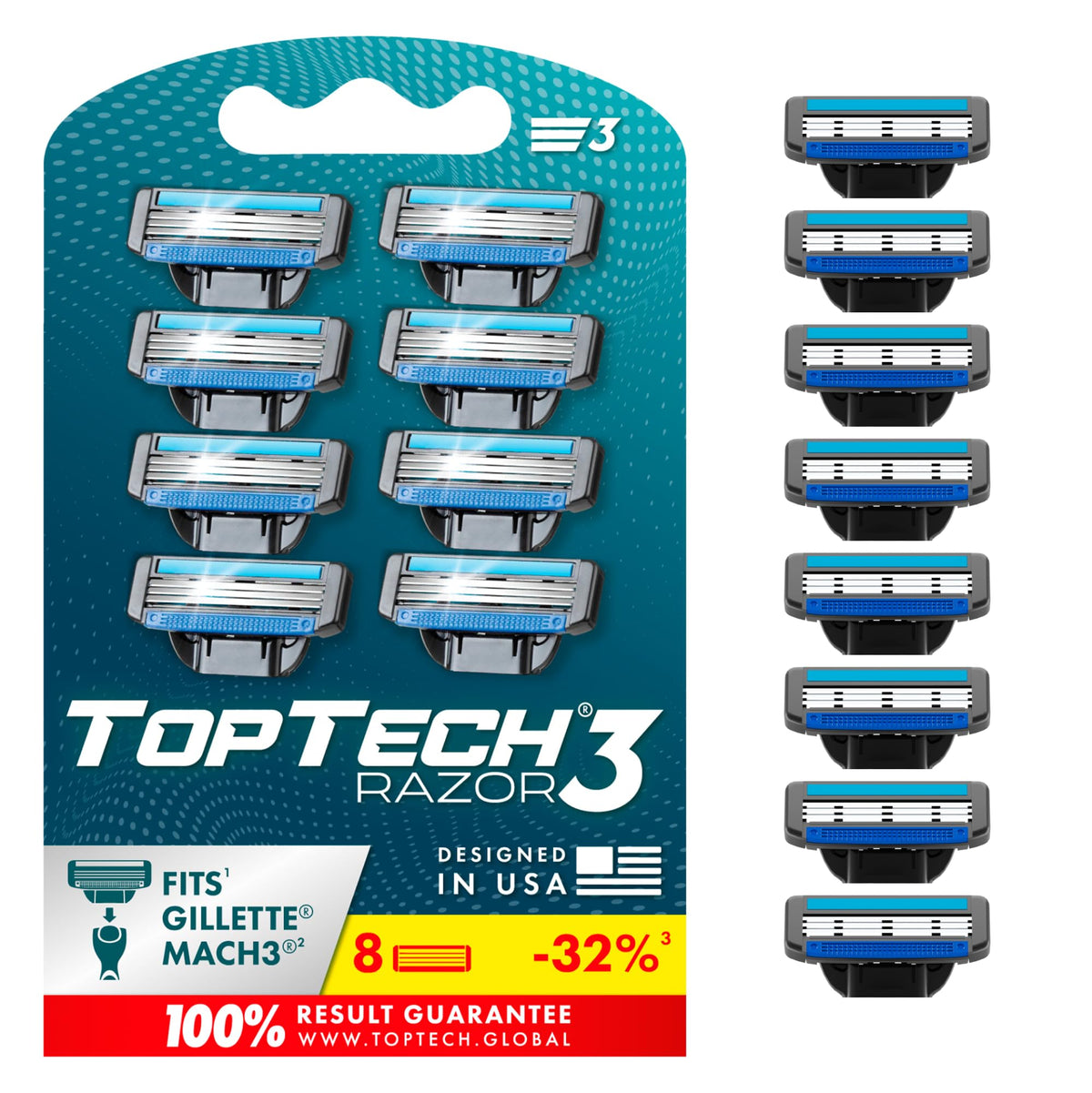 Toptech Razor 3 cartridge closeup shows sharp blades for a precise shave.