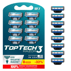 Toptech Razor 3 cartridge closeup shows sharp blades for a precise shave.
